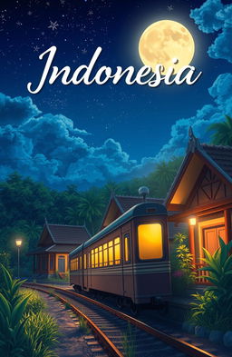 A captivating anime-style cover for a novel, depicting a night scene of an Indonesian train passing by traditional Indonesian houses