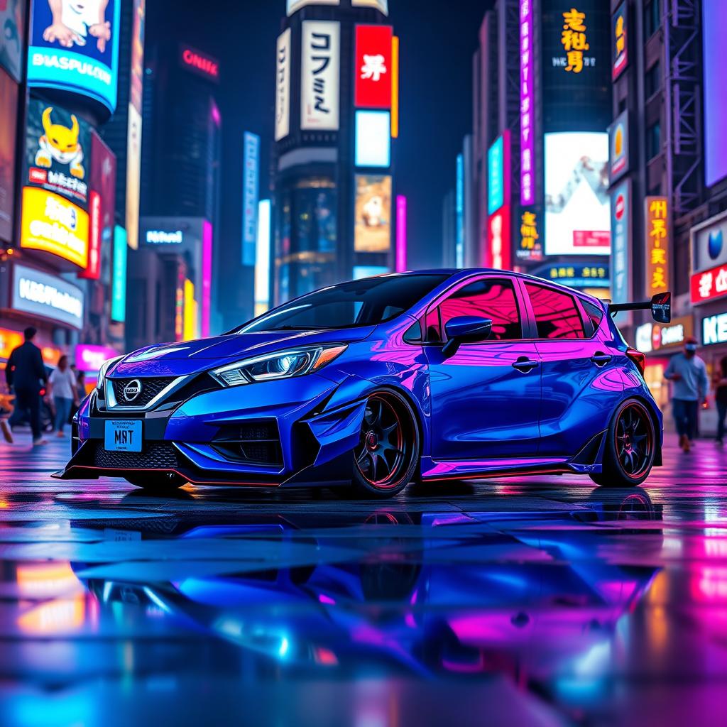 A blue Nissan March 2018 with a wide body kit in Nismo style, positioned in a vibrant cyberpunk city at night, surrounded by dazzling neon lights