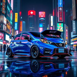 A blue Nissan March 2018 with a wide body kit in Nismo style, positioned in a vibrant cyberpunk city at night, surrounded by dazzling neon lights