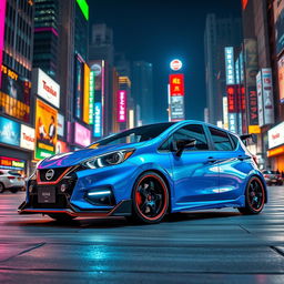 A blue Nissan March 2018 with a wide body kit in Nismo style, positioned in a vibrant cyberpunk city at night, surrounded by dazzling neon lights