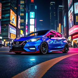 A blue Nissan March 2018 with a wide body kit in Nismo style, positioned in a vibrant cyberpunk city at night, surrounded by dazzling neon lights