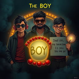 A cinematic funny dark magical poster titled 'The Boys' featuring three 27-year-old Indian modern boys standing together