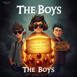 A cinematic funny dark magical poster titled 'The Boys' featuring three 27-year-old Indian modern boys standing together