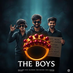 A cinematic funny dark magical poster titled 'The Boys' featuring three 27-year-old Indian modern boys standing together