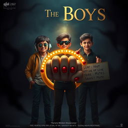 A cinematic funny dark magical poster titled 'The Boys' featuring three 27-year-old Indian modern boys standing together