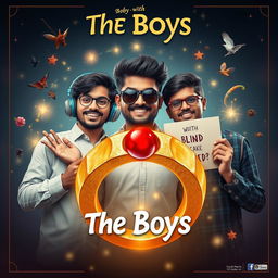 A cinematic funny magical poster titled 'The Boys' showcasing three modern 27-year-old Indian boys posed together in a whimsical setting