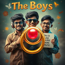 A cinematic funny magical poster titled 'The Boys' showcasing three modern 27-year-old Indian boys posed together in a whimsical setting