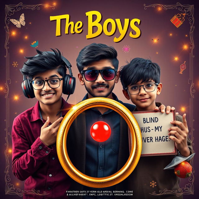 A cinematic funny magical poster titled 'The Boys' showcasing three modern 27-year-old Indian boys posed together in a whimsical setting