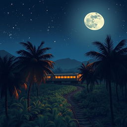 An enchanting anime-style cover for a novel, illustrating a night scene featuring an Indonesian train gliding through a lush palm oil plantation