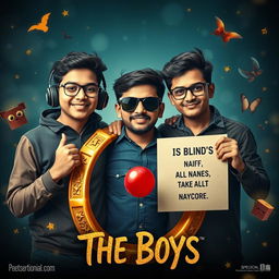 A cinematic funny magical poster titled 'The Boys' showcasing three modern 27-year-old Indian boys posed together in a whimsical setting