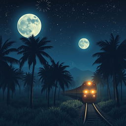 An enchanting anime-style cover for a novel, illustrating a night scene featuring an Indonesian train gliding through a lush palm oil plantation