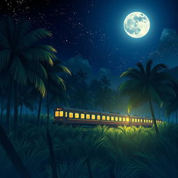 An enchanting anime-style cover for a novel, illustrating a night scene featuring an Indonesian train gliding through a lush palm oil plantation