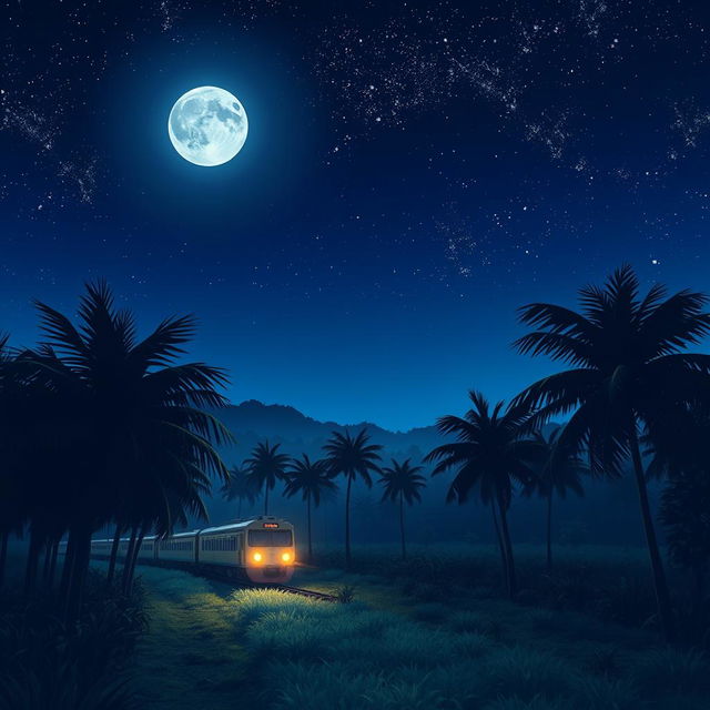 An enchanting anime-style cover for a novel, illustrating a night scene featuring an Indonesian train gliding through a lush palm oil plantation