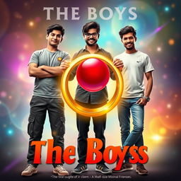 A cinematic funny magical poster titled 'The Boys' featuring three modern 27-year-old Indian boys with distinct styles