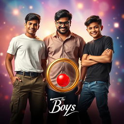 A cinematic funny magical poster titled 'The Boys' featuring three modern 27-year-old Indian boys with distinct styles