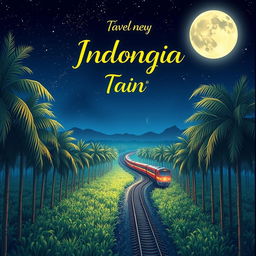 An enchanting anime-style cover for a novel, featuring a scenic night landscape of an Indonesian train traveling through a vast palm oil plantation