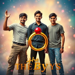 A cinematic funny magical poster titled 'The Boys' featuring three modern 27-year-old Indian boys with distinct styles