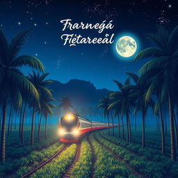 An enchanting anime-style cover for a novel, featuring a scenic night landscape of an Indonesian train traveling through a vast palm oil plantation