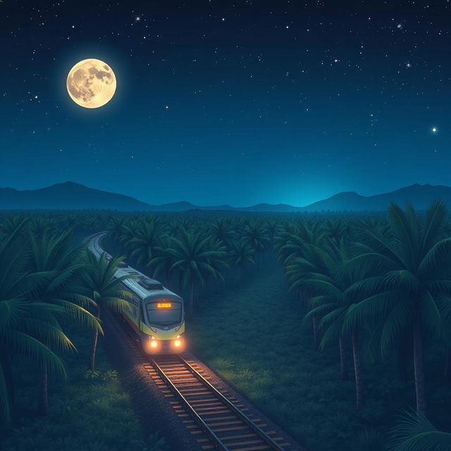 An enchanting anime-style cover for a novel, featuring a scenic night landscape of an Indonesian train traveling through a vast palm oil plantation