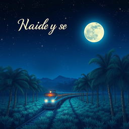 An enchanting anime-style cover for a novel, featuring a scenic night landscape of an Indonesian train traveling through a vast palm oil plantation