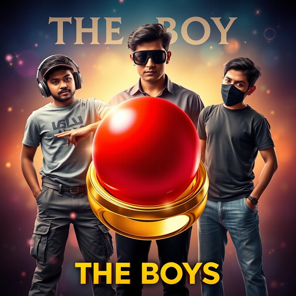 A cinematic funny magical poster titled 'The Boys' featuring three modern 27-year-old Indian boys with distinctive characteristics and styles