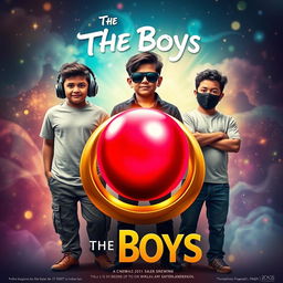 A cinematic funny magical poster titled 'The Boys' featuring three modern 27-year-old Indian boys with distinctive characteristics and styles