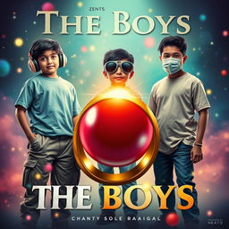 A cinematic funny magical poster titled 'The Boys' featuring three modern 27-year-old Indian boys with distinctive characteristics and styles