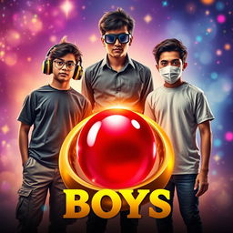 A cinematic funny magical poster titled 'The Boys' featuring three modern 27-year-old Indian boys with distinctive characteristics and styles