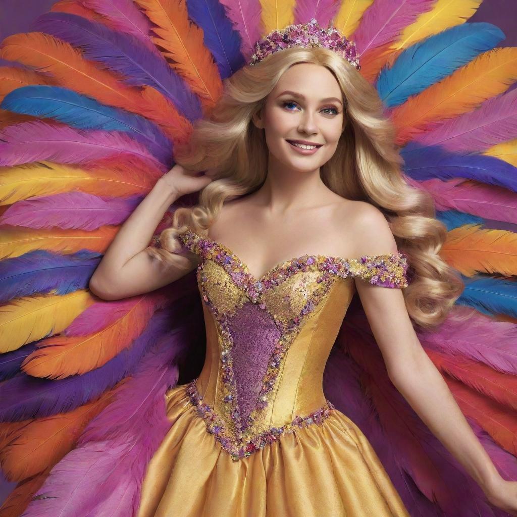 A vibrant depiction of Rapunzel, draped in an abundantly feathered dress costume, adding even more flamboyance for a dynamic drag race. Her iconic golden hair contrasts beautifully with the colorful feathers.