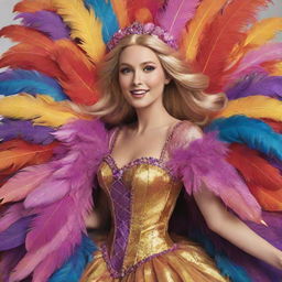 A vibrant depiction of Rapunzel, draped in an abundantly feathered dress costume, adding even more flamboyance for a dynamic drag race. Her iconic golden hair contrasts beautifully with the colorful feathers.