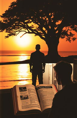 A silhouette of a man standing on the beach or beneath a large tree at sunset, with a background of an orange-golden sky