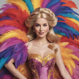 A vibrant depiction of Rapunzel, draped in an abundantly feathered dress costume, adding even more flamboyance for a dynamic drag race. Her iconic golden hair contrasts beautifully with the colorful feathers.