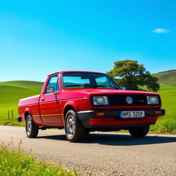 A classic 1993 Volkswagen Saveiro pickup truck, prominently featured in a vibrant, sunny outdoor setting