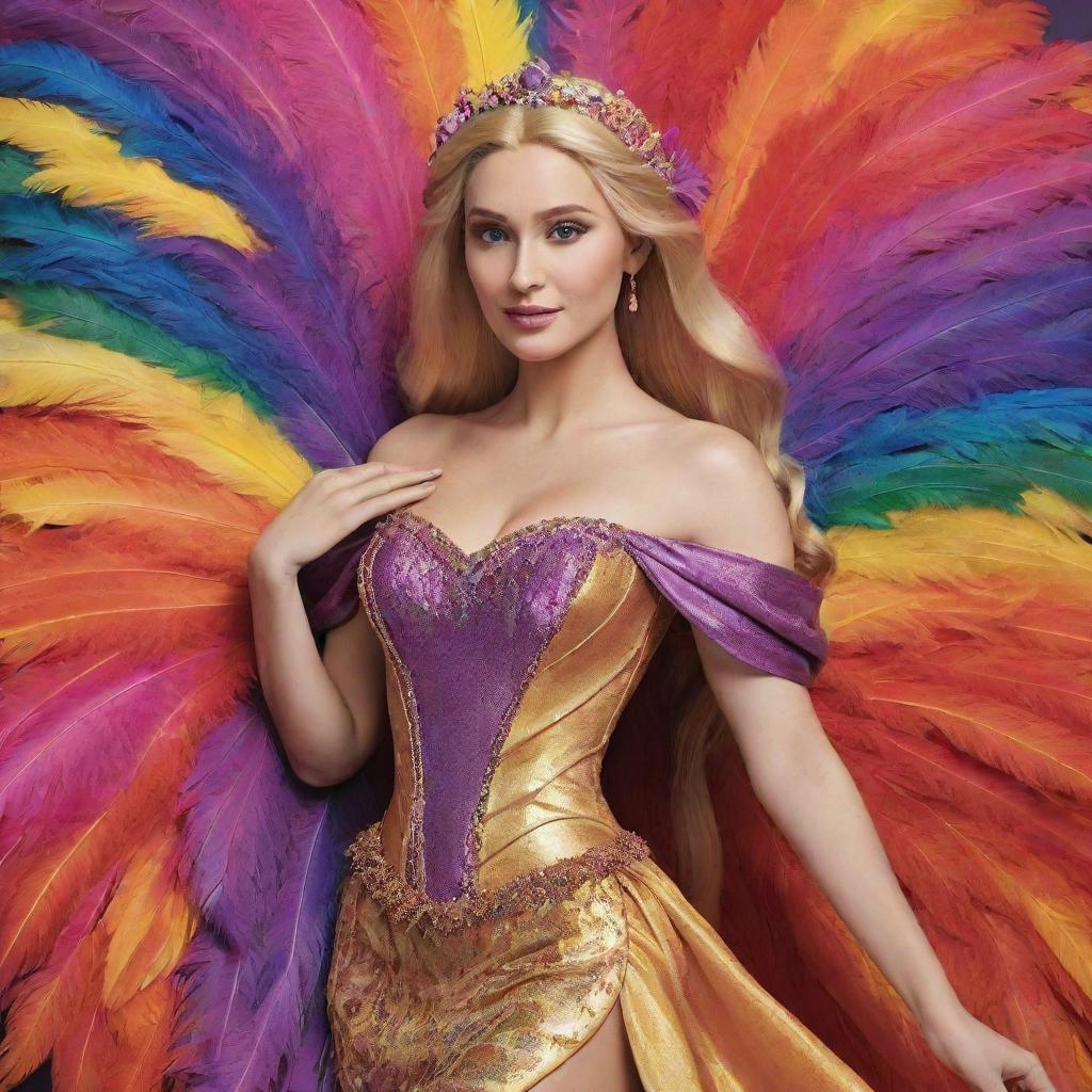 A vibrant depiction of Rapunzel, draped in an abundantly feathered dress costume, adding even more flamboyance for a dynamic drag race. Her iconic golden hair contrasts beautifully with the colorful feathers.