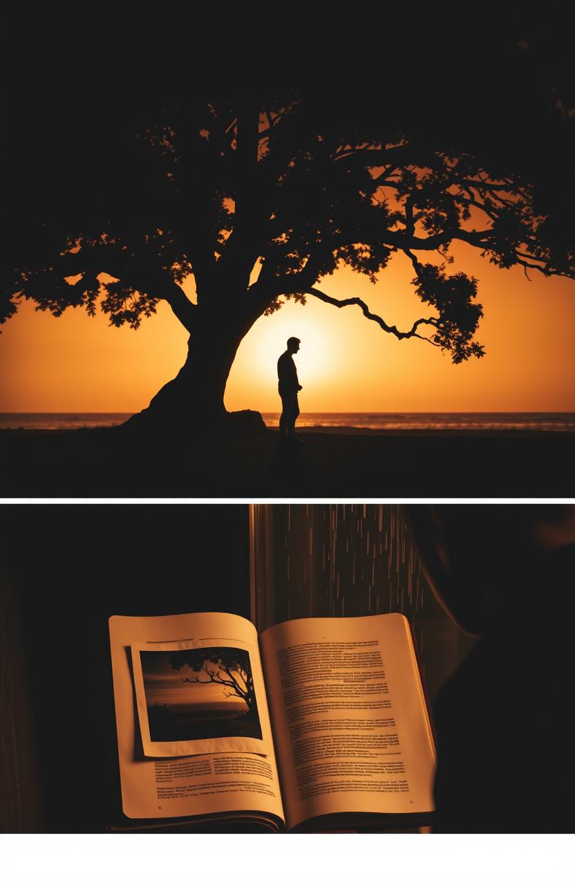 A silhouette of a man standing at the edge of a beach or under a large tree during sunset, with a background of an orange-golden sky and long shadows symbolizing solitude and longing