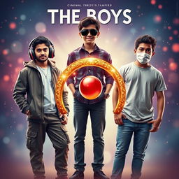 A cinematic funny magical poster titled 'The Boys' featuring three modern 27-year-old Indian boys with unique styles and personalities