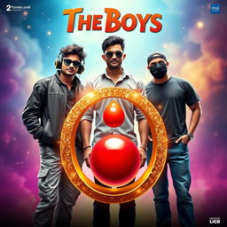 A cinematic funny magical poster titled 'The Boys' featuring three modern 27-year-old Indian boys with unique styles and personalities