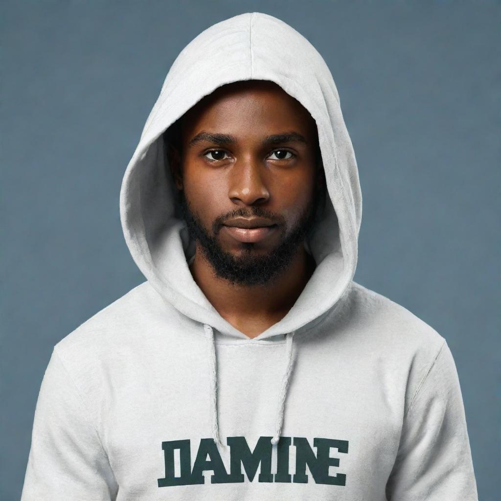 Generate an image of a handsome dark-skinned boy with a beard and dreadlocks. He's wearing a hooded shirt that has the name 'Jamine' emblazoned on the front.