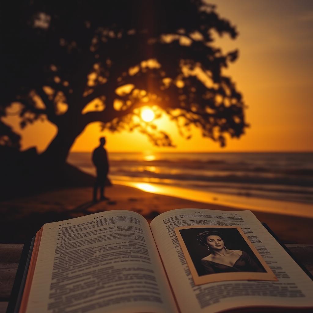 A silhouette of a man standing at the edge of a beach or beneath a large tree during sunset