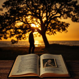 A silhouette of a man standing at the edge of a beach or beneath a large tree during sunset