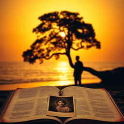 A silhouette of a man standing at the edge of a beach or beneath a large tree during sunset