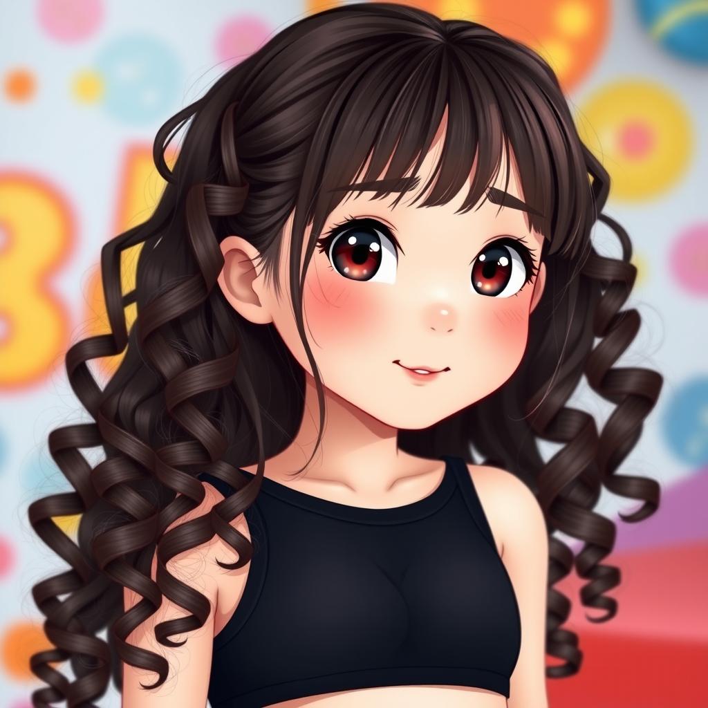 A cute kawaii Asian girl with long curly dark brown hair and bangs, wearing a black cropped tank top that highlights her figure