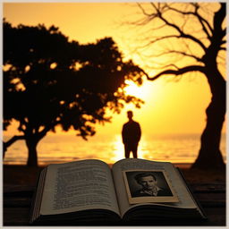 A silhouette of a man standing at the edge of a beach or beneath a large tree during sunset