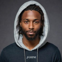 Generate an image of a handsome dark-skinned boy with a beard and dreadlocks. He's wearing a hooded shirt that has the name 'Jamine' emblazoned on the front.