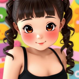 A cute kawaii Asian girl with long curly dark brown hair and bangs, wearing a black cropped tank top that highlights her figure