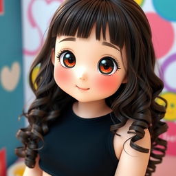 A cute kawaii Asian girl with long curly dark brown hair and bangs, wearing a black cropped tank top that highlights her figure