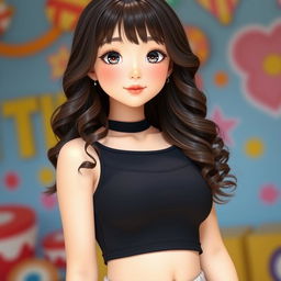 A cute kawaii Asian girl with long curly dark brown hair and bangs, wearing a black cropped tank top that highlights her figure