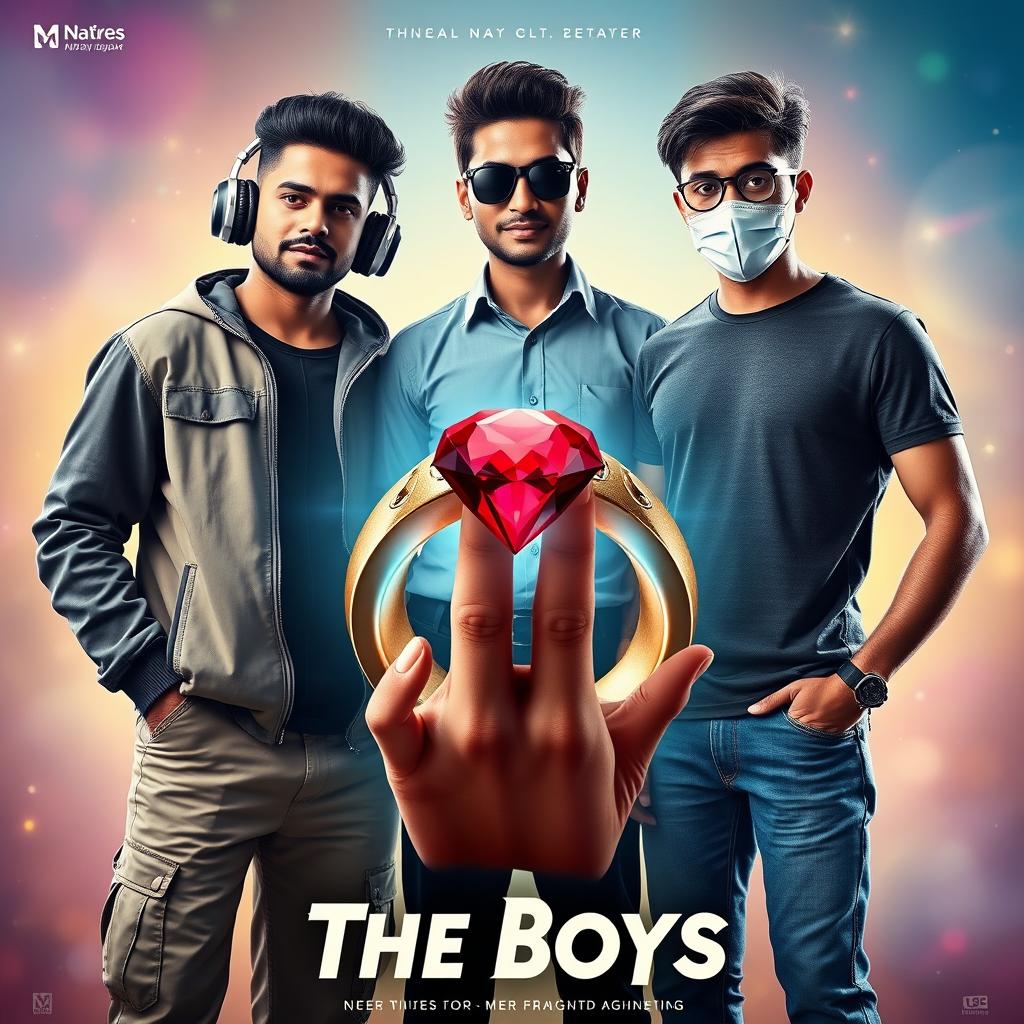 A cinematic funny magical poster titled 'The Boys' showcasing three modern 27-year-old Indian men with unique personalities and styles