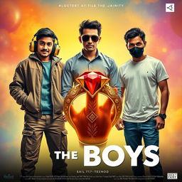 A cinematic funny magical poster titled 'The Boys' showcasing three modern 27-year-old Indian men with unique personalities and styles