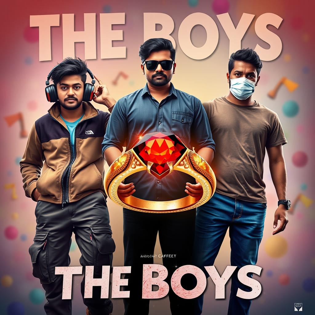 A cinematic funny magical poster titled 'The Boys' showcasing three modern 27-year-old Indian men with unique personalities and styles